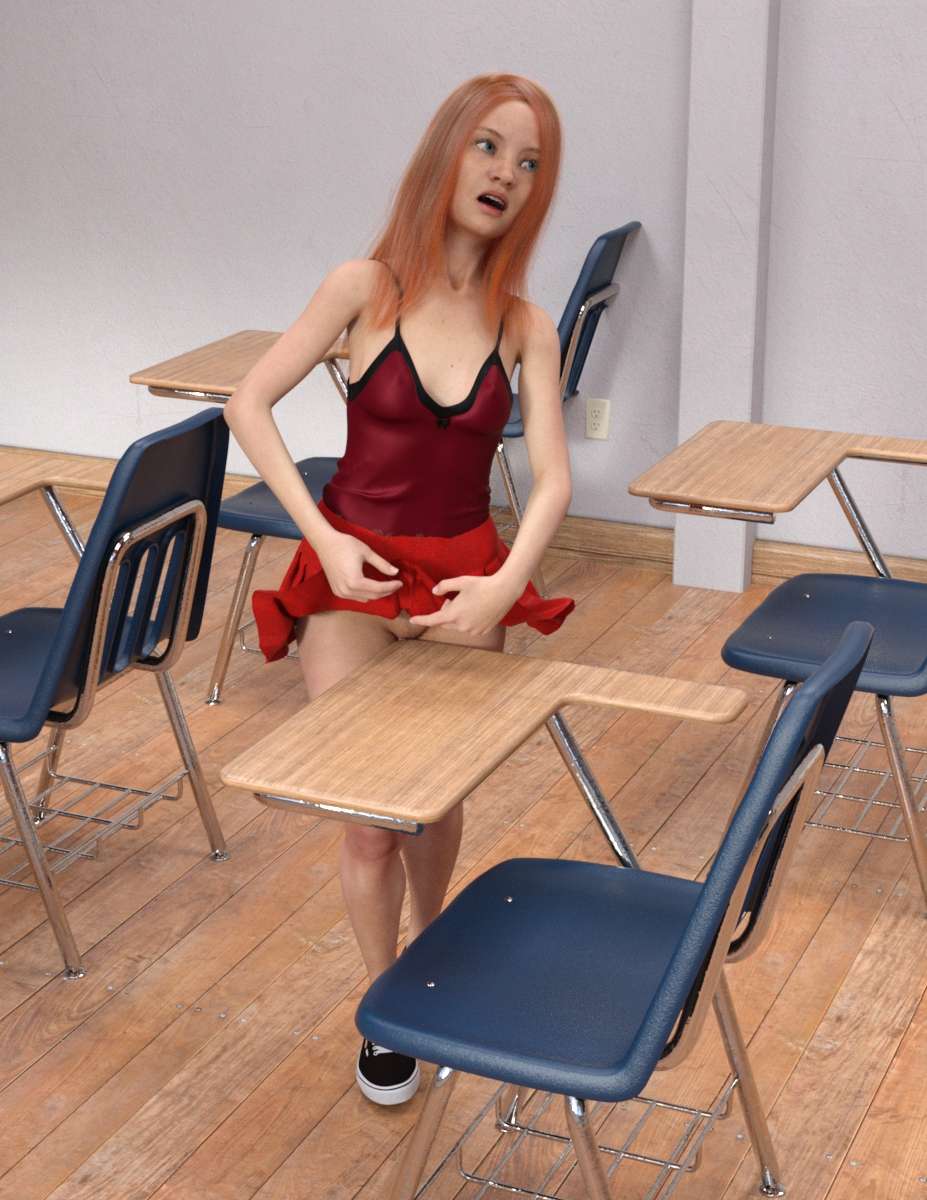 Pantiless blonde woman in an empty class, rubbing her naked pussy on the corner of a student desk