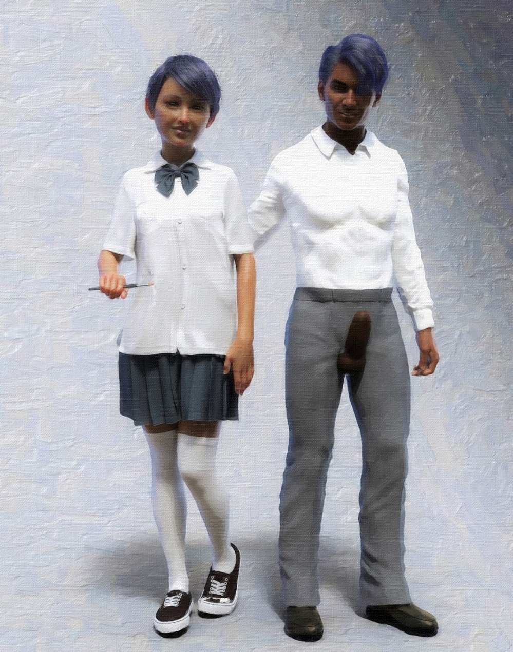 dressed girl student standing next to a dressed male with his penis sticking out of his pants