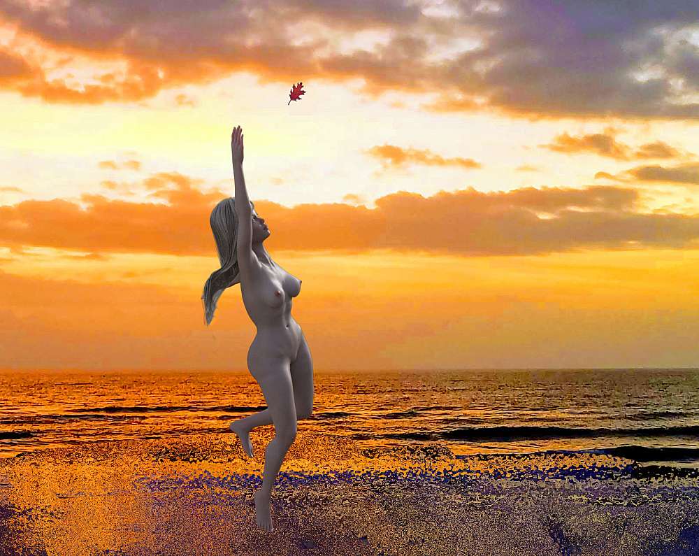 Naked woman on beach jumping to catch a flying tree leaf