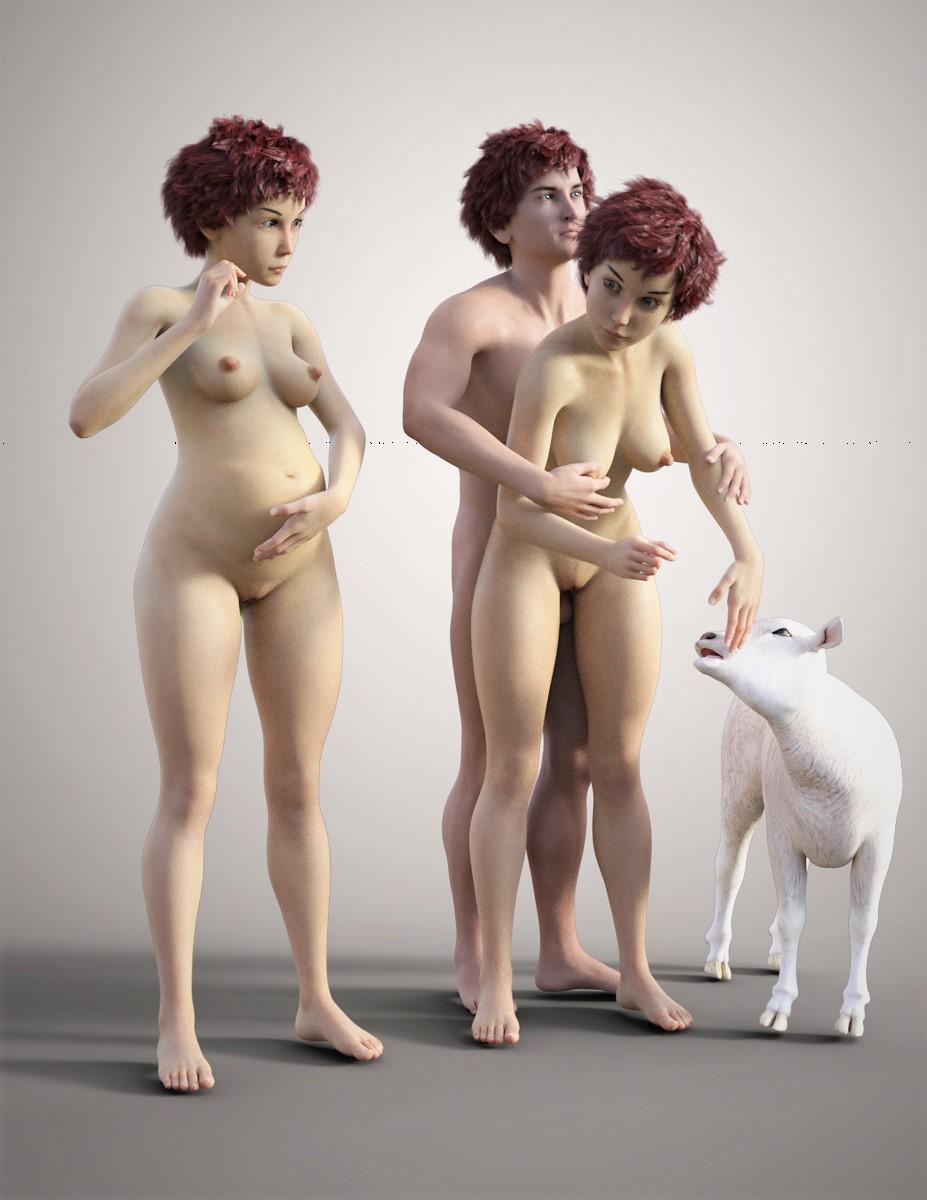 Naked woman with a protruding belly standing beside a naked woman being fucked from behind, with a sheep standing next to the fornicating couple.