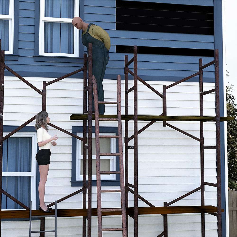 Woman looking up at a man and both are standing on scaffolding