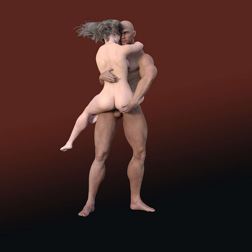 woman being fucked by a naked standing muscular man as he supports her weight on his arms