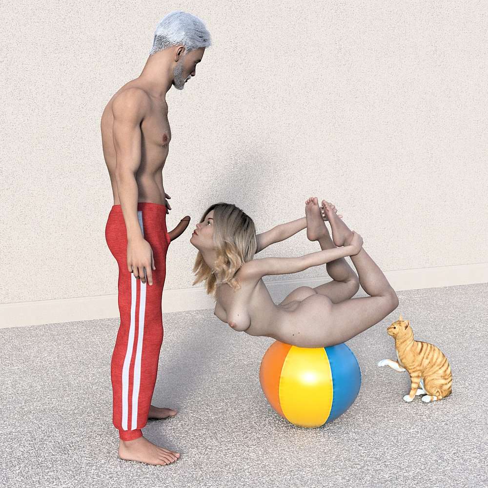 Woman balancing on her belly on a beach ball in front of a man who’s naked hard cock is in front of her face