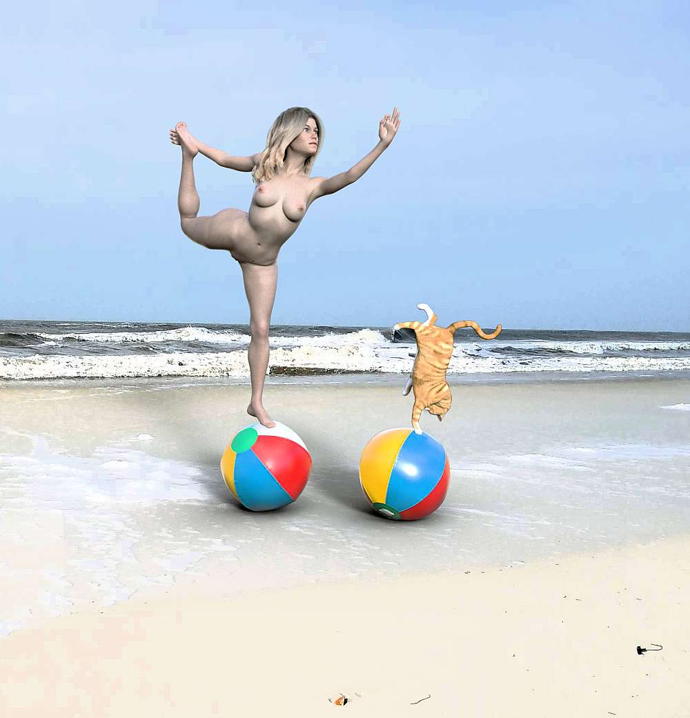 Woman balancing on one leg on a beach ball on the beach with a cat balancing on another beach ball