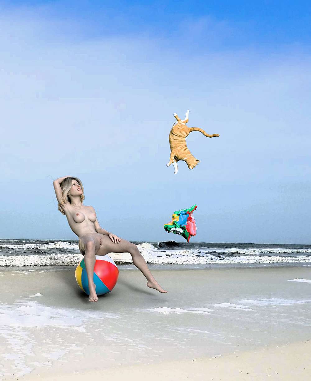 Woman laughing as cat’s beach ball pops sending the cat up in the air
