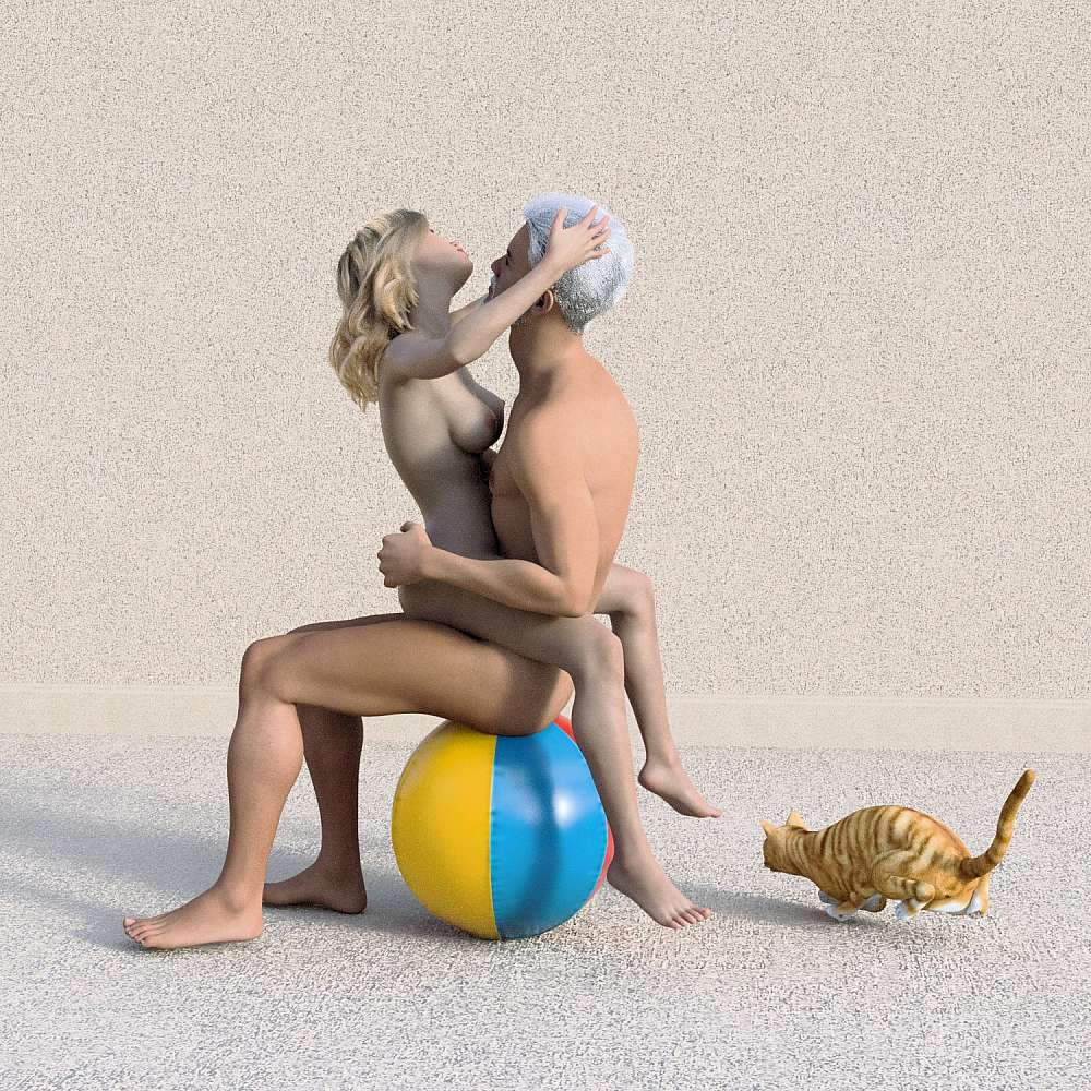 woman riding man’s cock in the lotus position while both sitting on the beach ball
