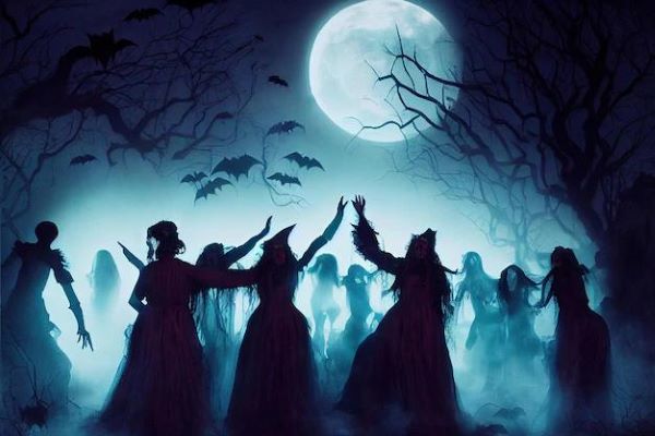 Coven of witches dancing at night