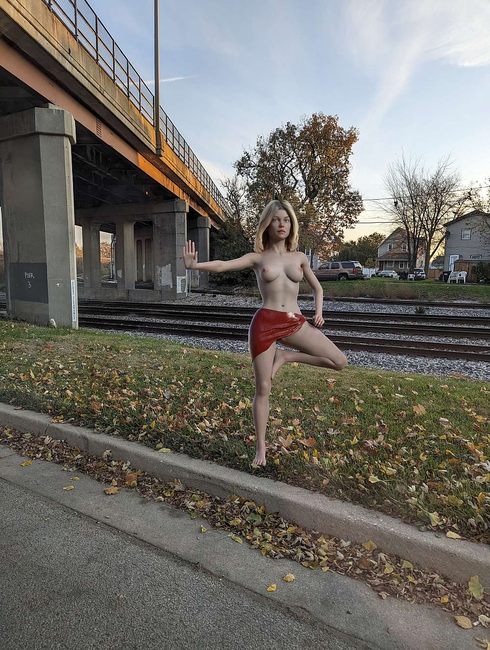 Naked woman in yoga pose outside next to a road and train tracks