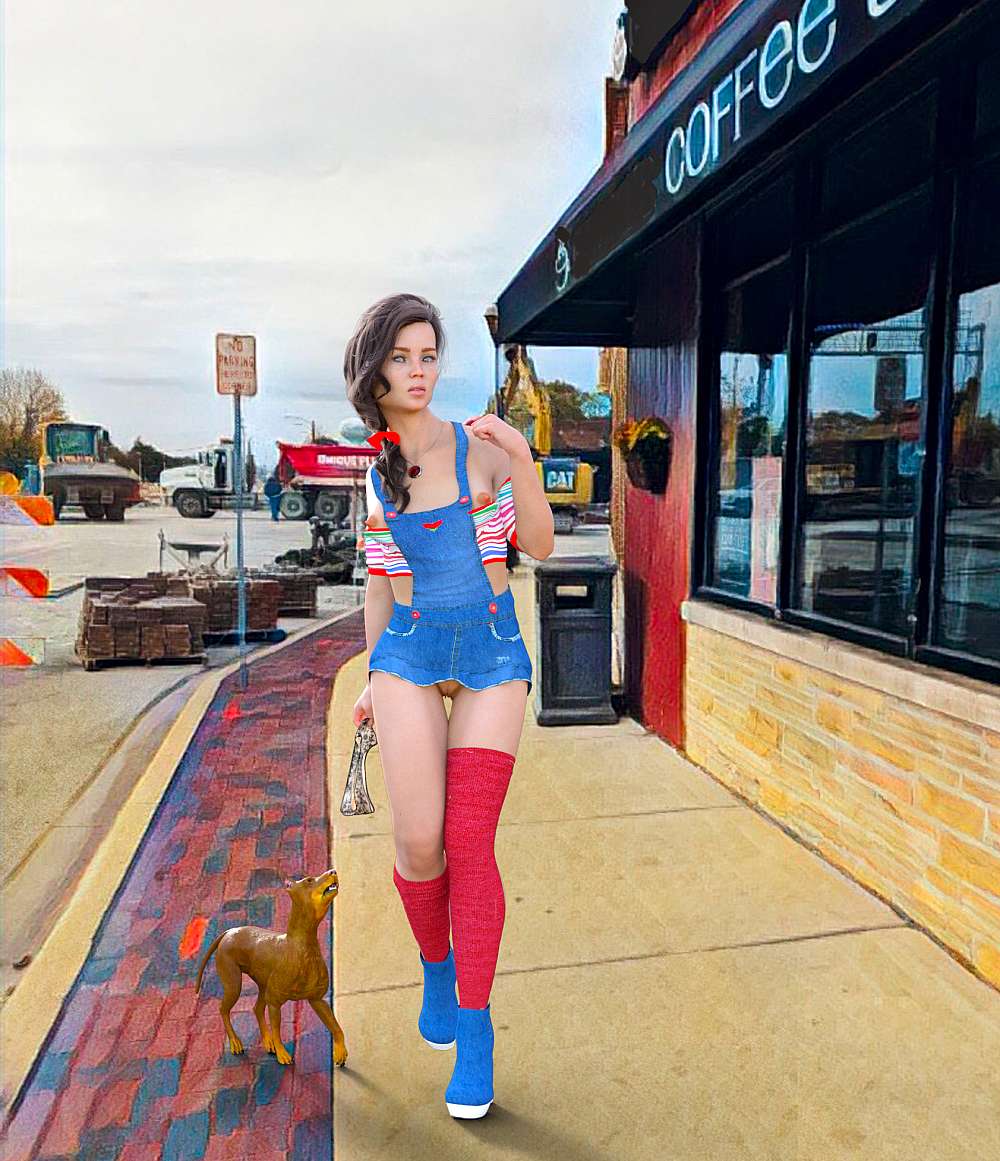 Woman walking on sidewalk with a dog next to her. She’s dressed in a top that doesn’t cover her nipple and a skirt too short to cover pantiless pussy.