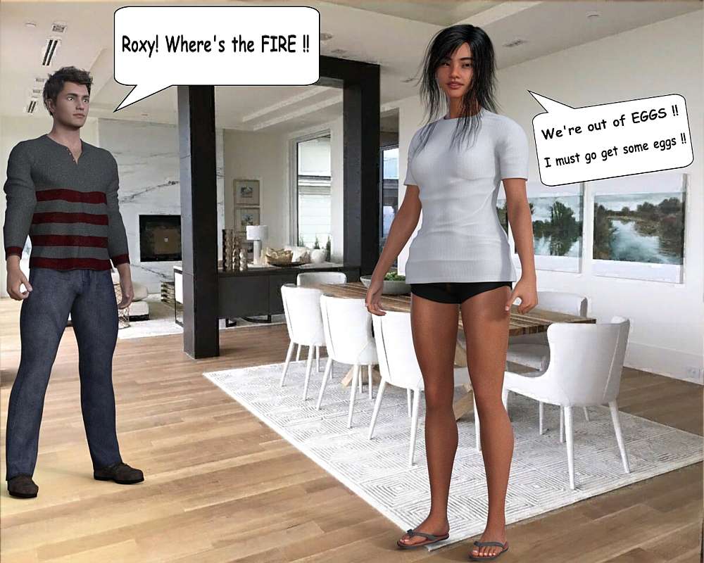 In a modern dining room, Louis and Roxy run into one another. Roxy in a hurry and Louis trying to find out where she’s off to this early in the morning. It is a big dining room with wooden floors. There’s a white carpet on the floor. The carpet has a light grey tile effect. A polished wooden dining room table with off-white chairs dominates the room. Roxy is dressed in a t-shirt, short hot-pants and flip-flops. The shorts display her slender, but well-formed legs, and mocha skin colour well.