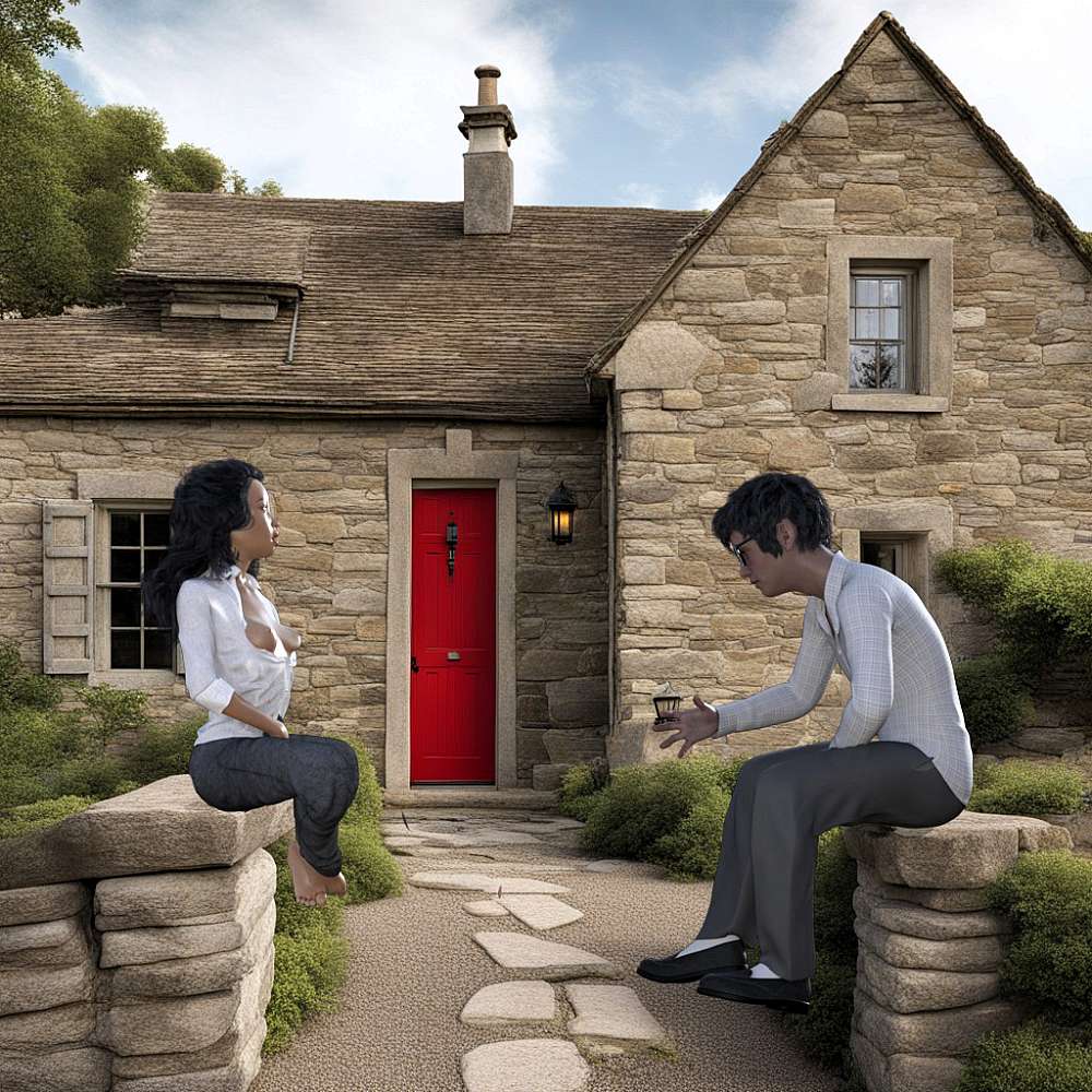 Woman and a man sitting outside in front of a house on a low fence wall