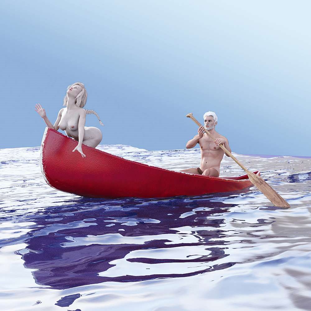 Naked man and naked woman in a canoe, the man is in the back paddling and the woman in the front
