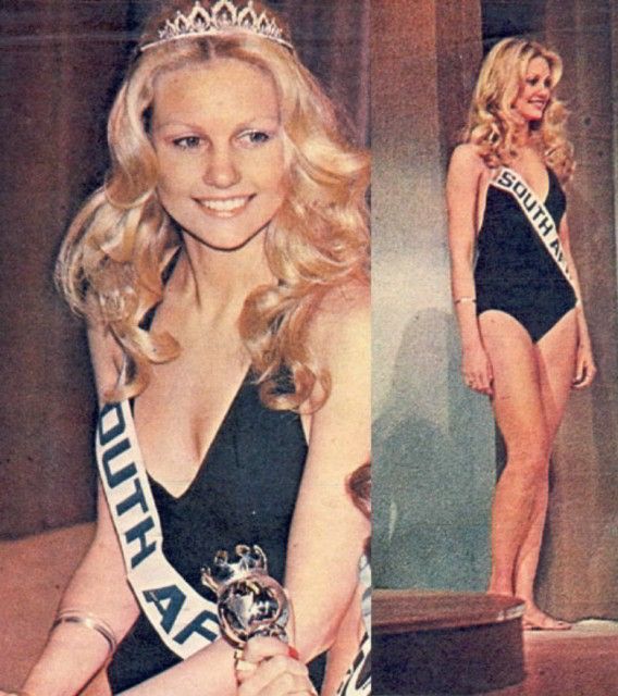 Long hair, curly blond, Nineteen-year-old 1974 Miss South Africa, Annaline Kriel, in her black swimsuit after being crowned runner-up as the Miss World 1974. She later became Miss World 1974 after the winner had to step down.