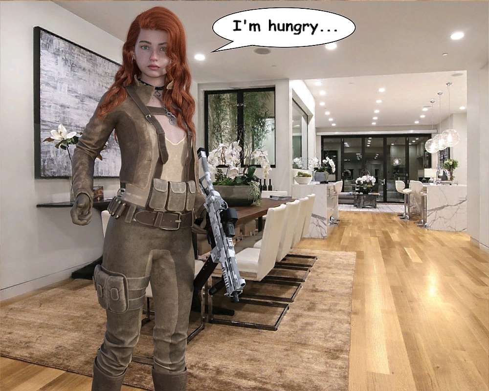 Holding her MP5 machine gun in her left hand, Nadia stands in the lounge and say she is hungry. Her red hair cascade over her shoulders, and her green eyes are reflecting the light of the overhead pin-lights in the room. Around her neck she wears her black leather choker with the silver pendent given to her by Dave, the love of her life.