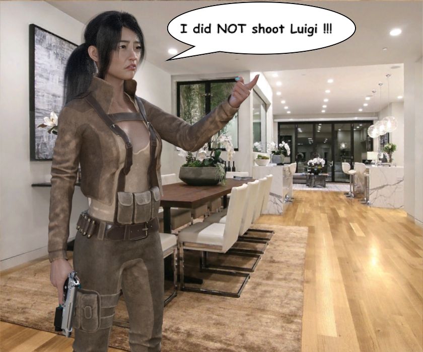 Mai-Loan standing in the lounge with a sad expression on her face, saying; ‘I did not shoot Luigi.’ Her 9 millimetre in her right hand hangs by her side while with her left-hand index finger she points at Luigi.