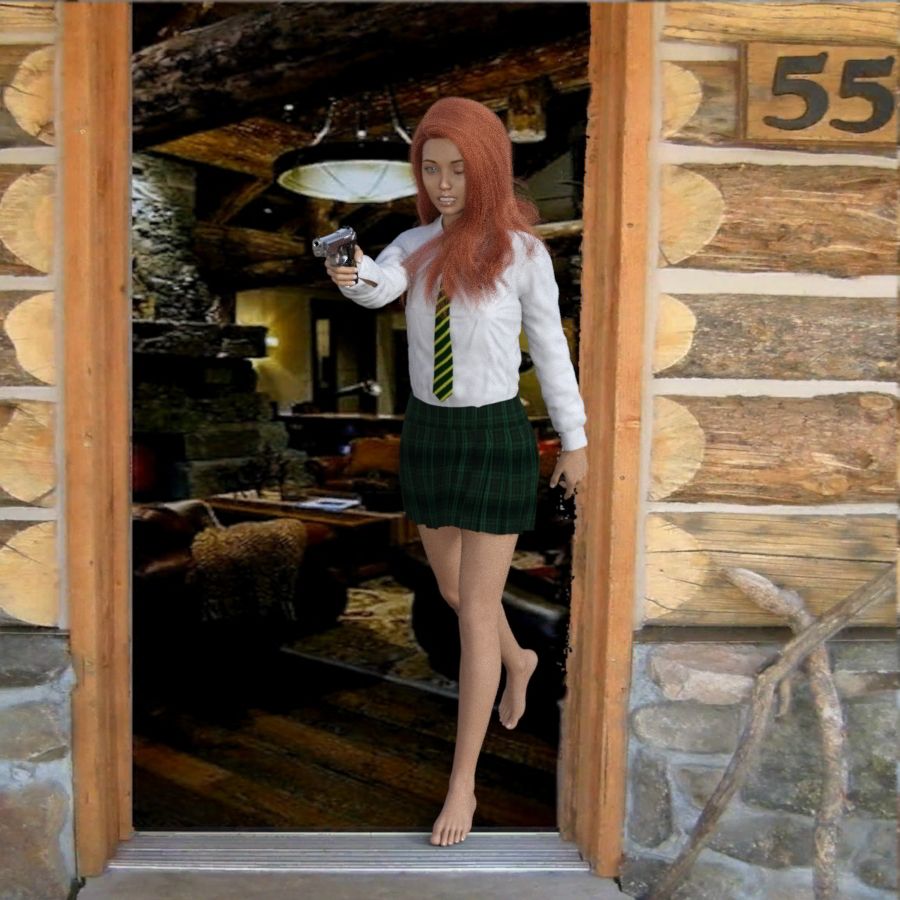 Bobbie in the cabin doorway shadows, barefoot and still in her school uniform. There’s a snarl on her face as she aims the 9 millimetre pistol. Her left eye is closed as she takes aim.