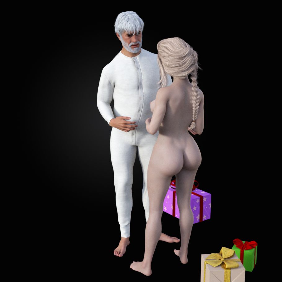 Naked woman standing in front of man wearing one piece pyjamas, with three gifts on the floor