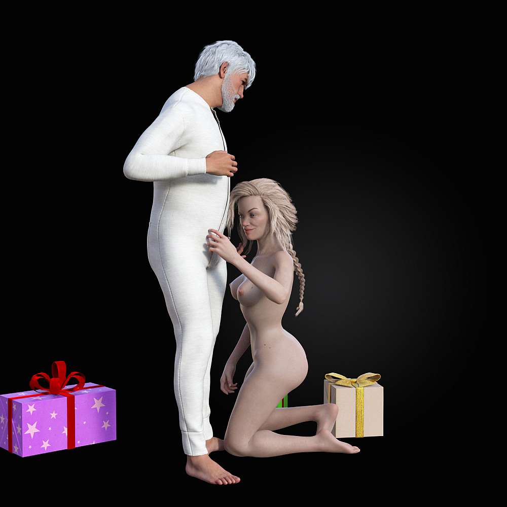 Naked woman kneeling in front of man in one piece pyjamas