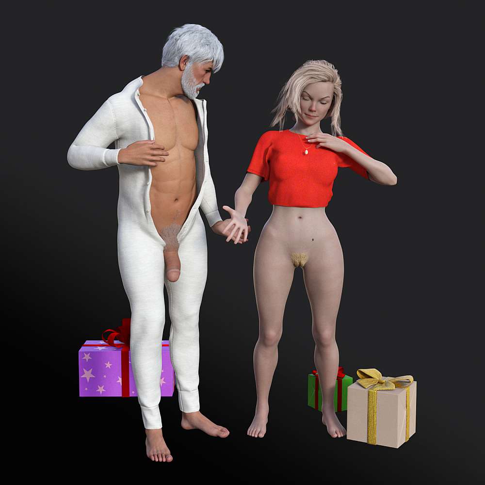 naked woman standing after she put on a red top, showing blonde bush. Man in pyjamas taking his pyjamas off