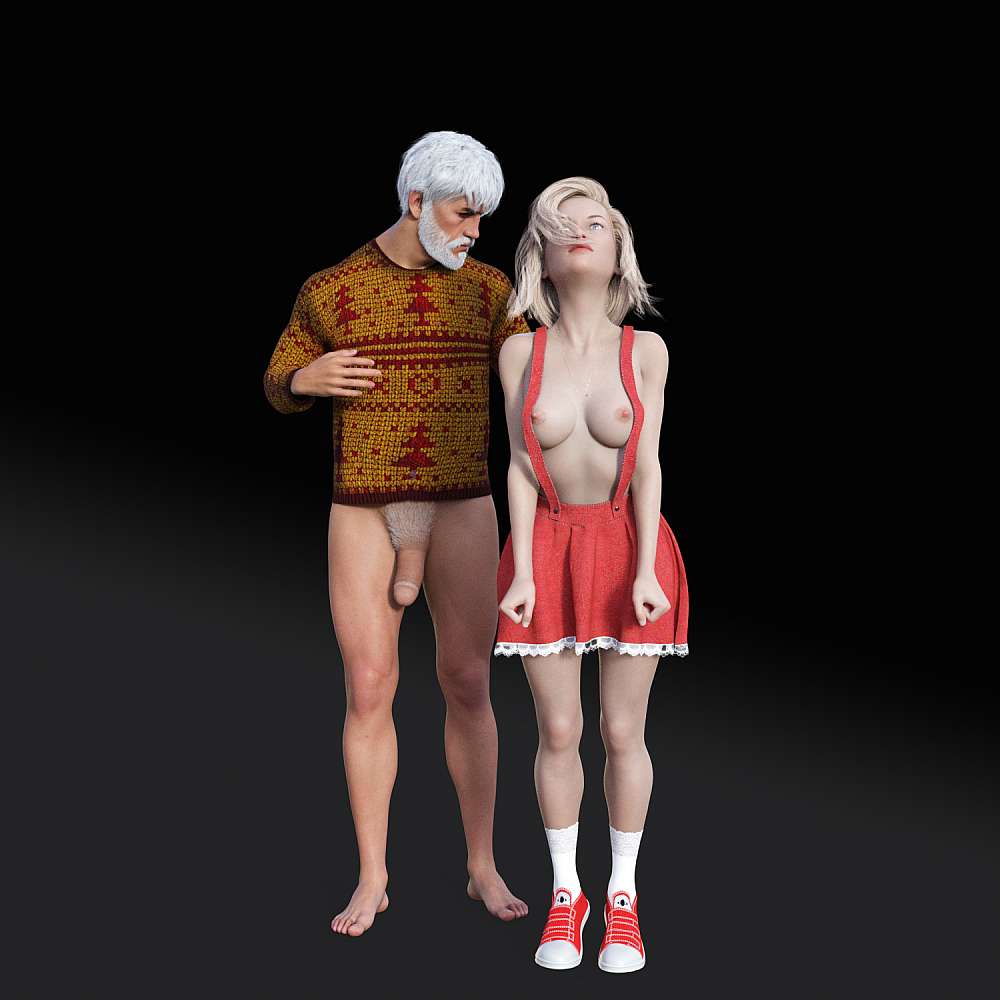 bottomless man wearing christmas sweater, standing next to topless woman wearing red short skirt