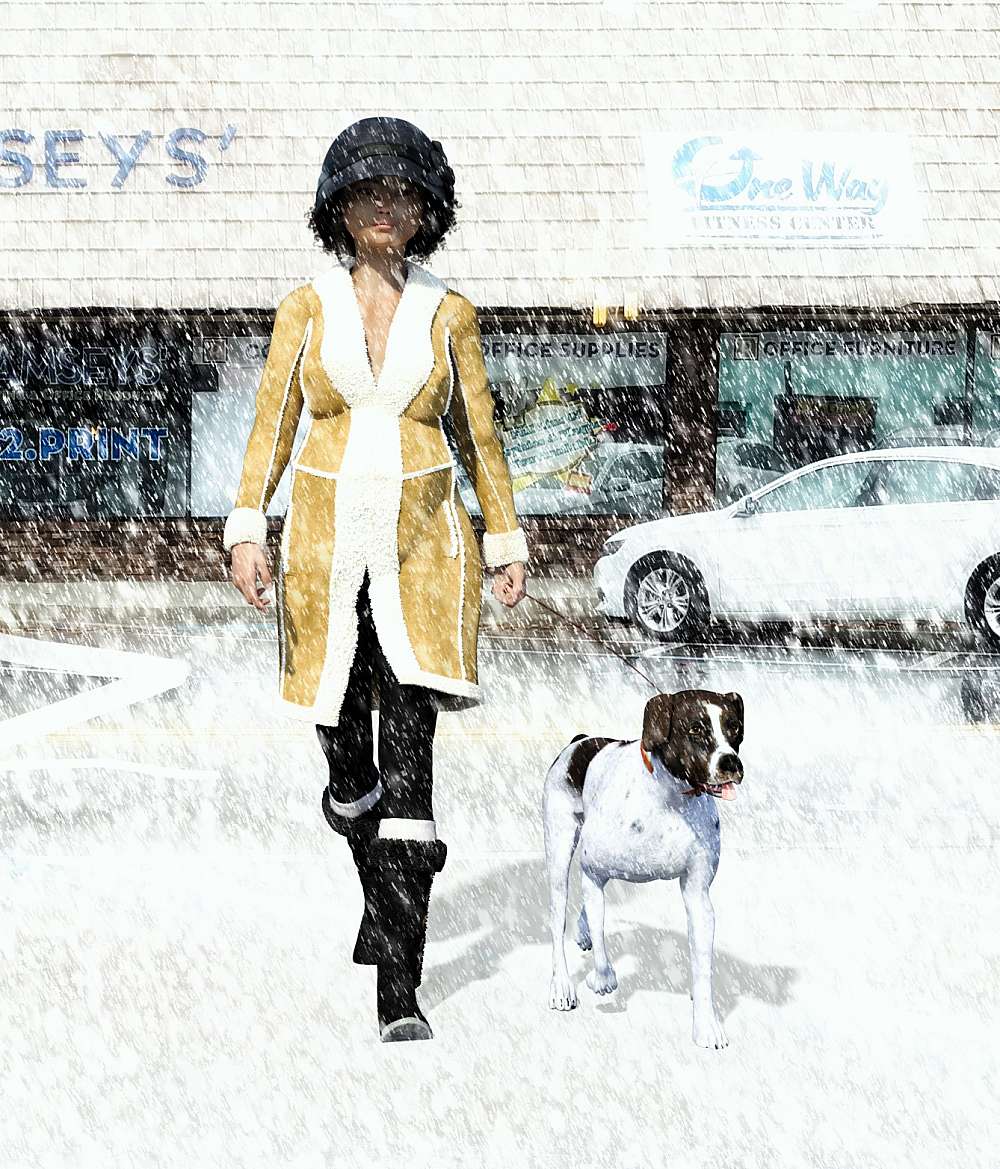 Woman walking a dog while heavy snow falls