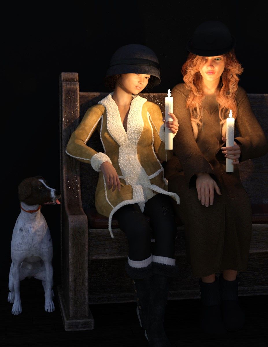 Two women sitting on a bench in the dark, holding lit candles while a dog sits next to the bench