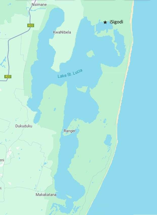 Map of the iSimangaliso Wetland Park, showing Lake St Lucia in the middle with iSigodi Resort to the north on the northeastern shore of the north lake.
