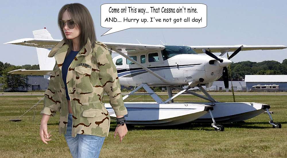 Miss Ková strides along the flight line of two aircraft. In the background a Cessna 206 Stationair float plane in blue and whit shimmers in the afternoon sun.