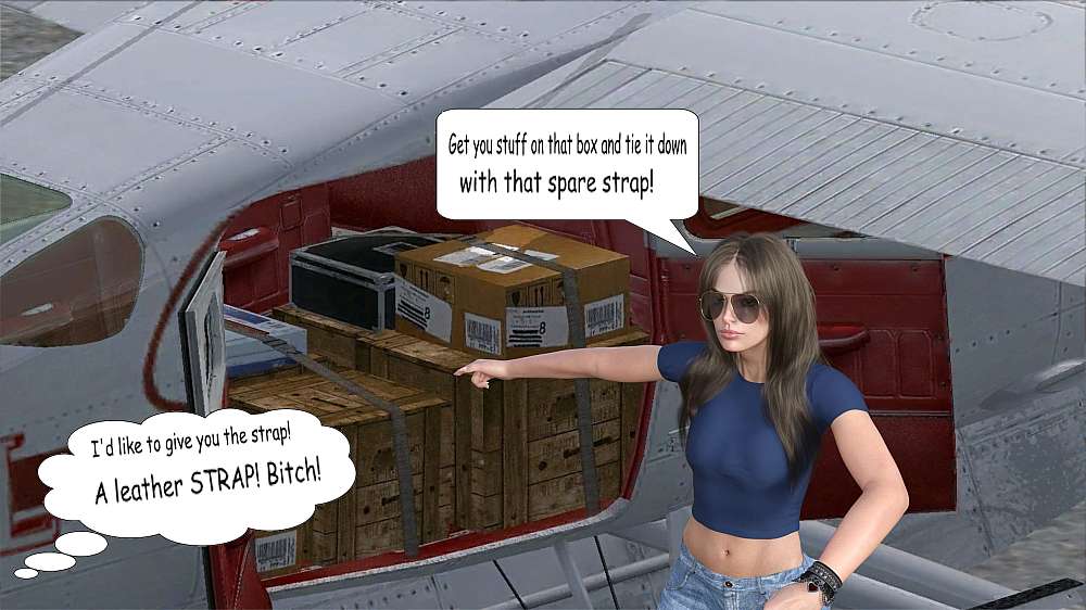 Miss Ková stands next to the open back doors of the Cessna 206 Stationair, indicating with her right hand and instructing Ty to place his luggage into the back and strap it down.