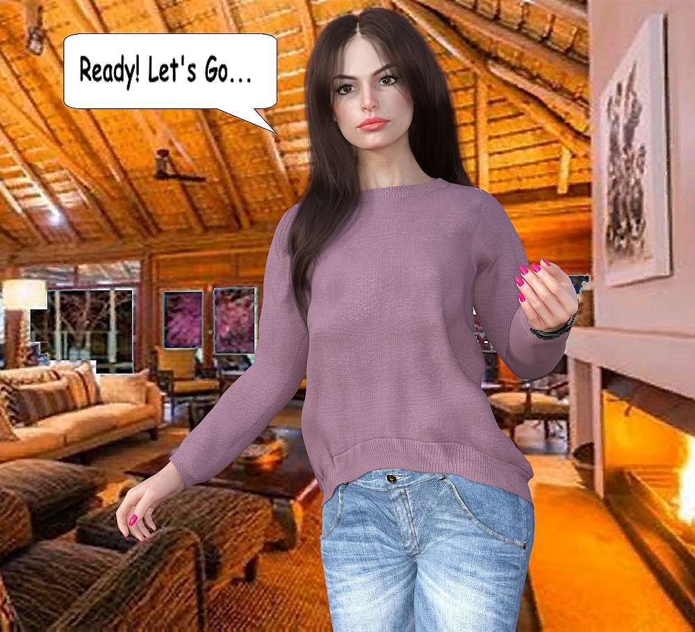 Melanie walks into the private lounge dressed in a long sleeve sweater, and denim jeans. On her feet she has her hiking boots on.