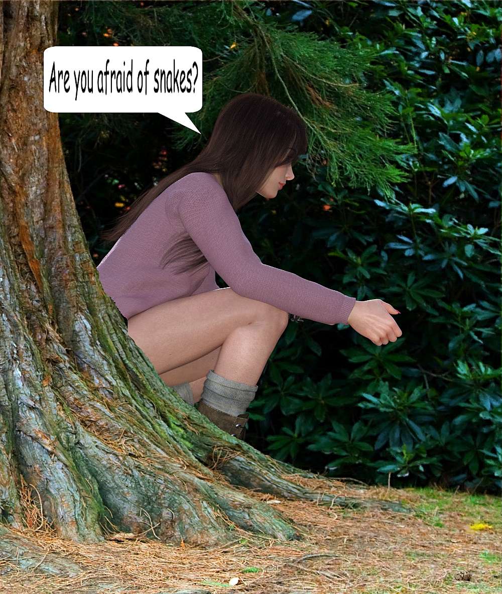 The picture show just a part of Melanie sitting behind a tree. Just her face and upper body is visible, while she attends to urgent business behind the tree.