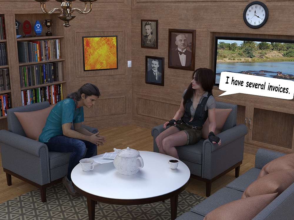 A shot of Mel and Ty in Mel’s office conference nook. Ty is sitting forward in his chair looking at the invoices before him on the coffee table, while Mel speaks to him. On the coffee table a coffee pot as well as two mugs of coffee can be seen. On the wood panel behind Melanie a large TV screen is mounted. Several books and awards are on the shelves behind Ty. An abstract painting and pictures that could be of Melanie’s father and mother are also mounted on the wood panel wall.
