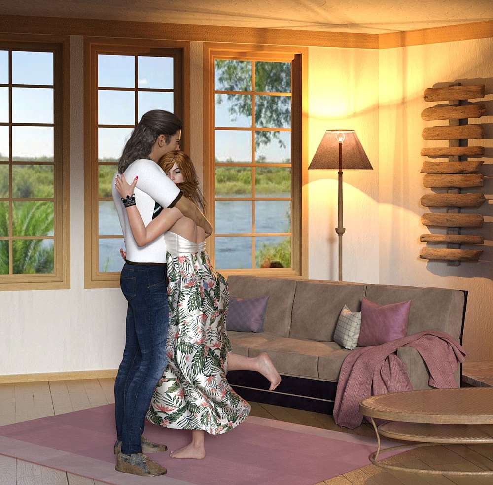 In Melanie’s lounge Melanie and Ty are seen hugging in the centre of the room. Through the windows the iSigodi landscape is seen, with Lake St Lucia shimmering blue against the green vegetation.