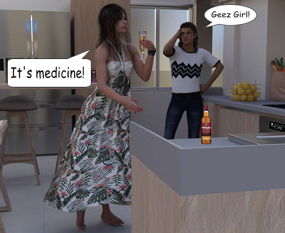 Melanie is seen with a glass of brandy, about to drink. Melanie and Ty is in the kitchen of her apartment. Ty looks a bit worried about Melanie drinking the neat brandy, but know that it will do her good after the shock she had with the snake. In the background a bottle of brandy stands on the kitchen workspace.