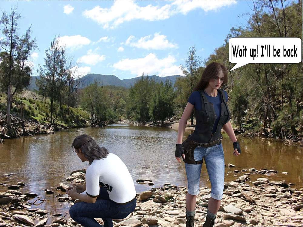 Melanie and Ty is seen at the edge of the watering hole. Ty is crouched down, looking at the water and the bubbles. Melanie is seen walking towards the viewer on her way to fetch dry grass.