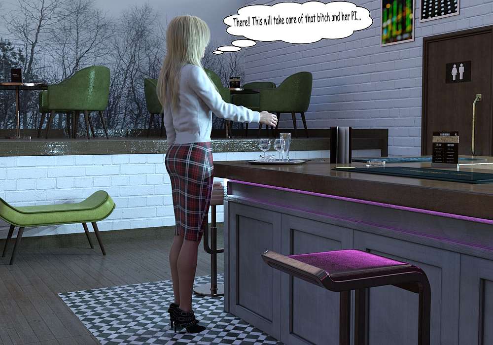 A blond woman is seen at the end of the bar. Her blond hair obscures her face. She is in the process of dropping something into the drink glasses on a tray in front of her on the bar counter.