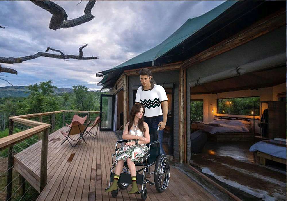 Ty is seeing pushing a wheelchair with Melanie in it across the walkway from her apartment to her office. Although her feet are bandaged up, Ty place thick woollen socks on her feet for extra protection and padding.