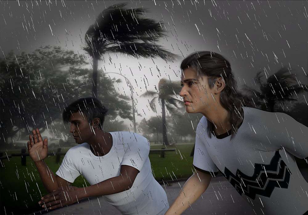 The image depicts two people running in heavy rain with strong winds. The dark, stormy sky and the bent palm trees in the background indicate severe weather conditions. The intensity of the rain is visible through the falling raindrops and the wet clothes of the runners. Both individuals appear determined and focused, seemingly undeterred by the harsh weather as they push forward through the storm.