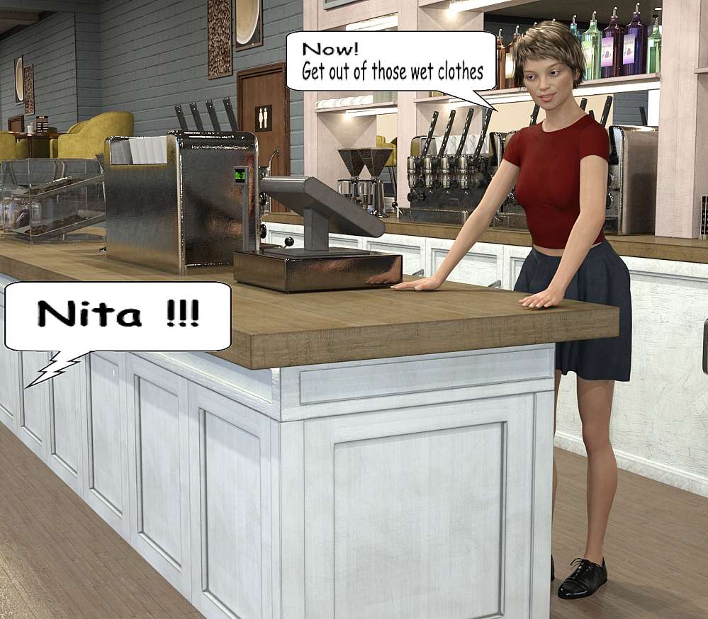 Nita standing at the coffee counter dressed in a dark short mini skirt and a red top, telling Ty to get out of the wet clothes. Off-screen Melanie admonish Nita.