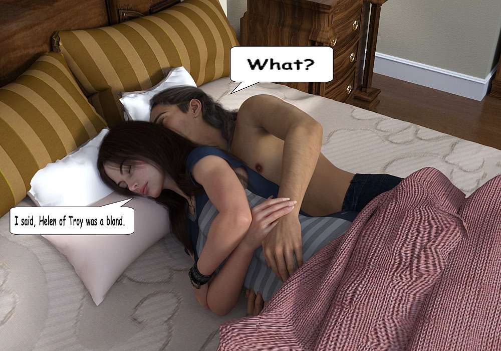 Ty is spooning up behind Melanie. They are covered with a light sheet on the double bed.
