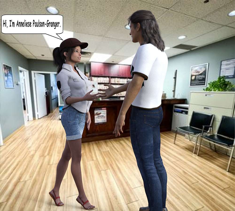 The reception area of a vet clinic is seen. In the foreground Lisa and Ty meet, extending hands in greeting.