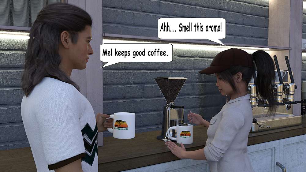 At the coffee maker next to the light grey painted wall on the counter, Lisa is seen making her some coffee after she handed Ty a mug. Both mugs are branded with the iSigodi resort logo.