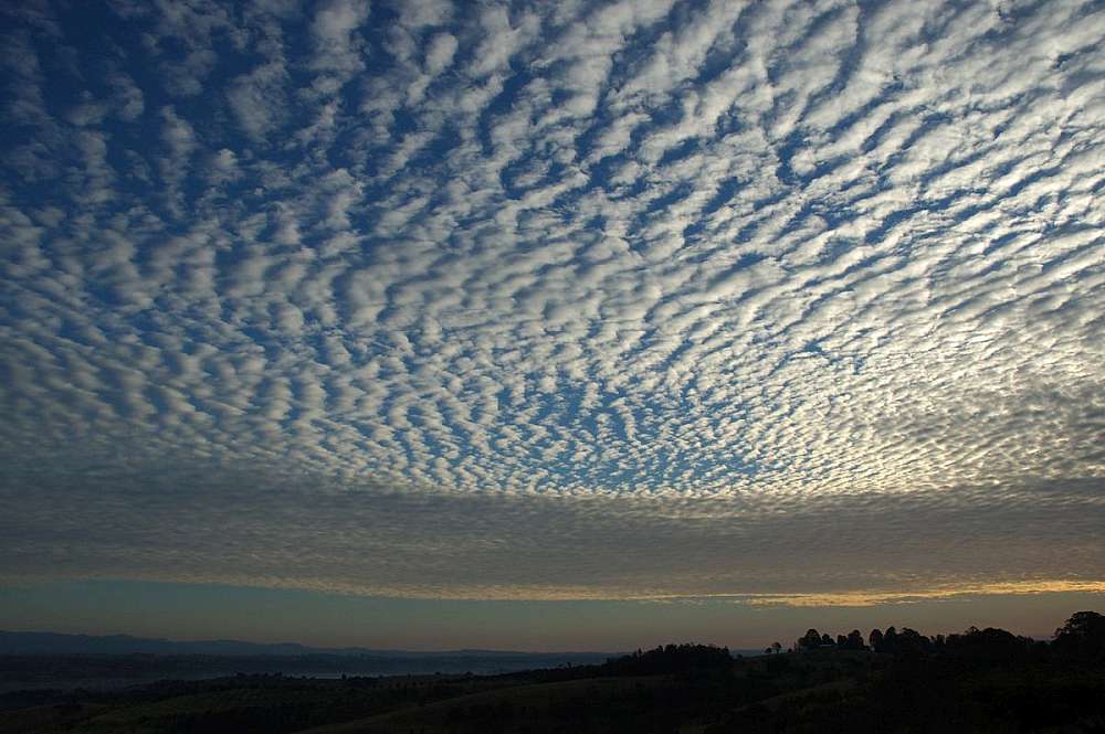 Looking up at the sky the clouds take on the awesome appearance of a mackerel sky. A sky pattern with rows of small, white, fleecy clouds that resemble the pattern on a mackerel’s back.