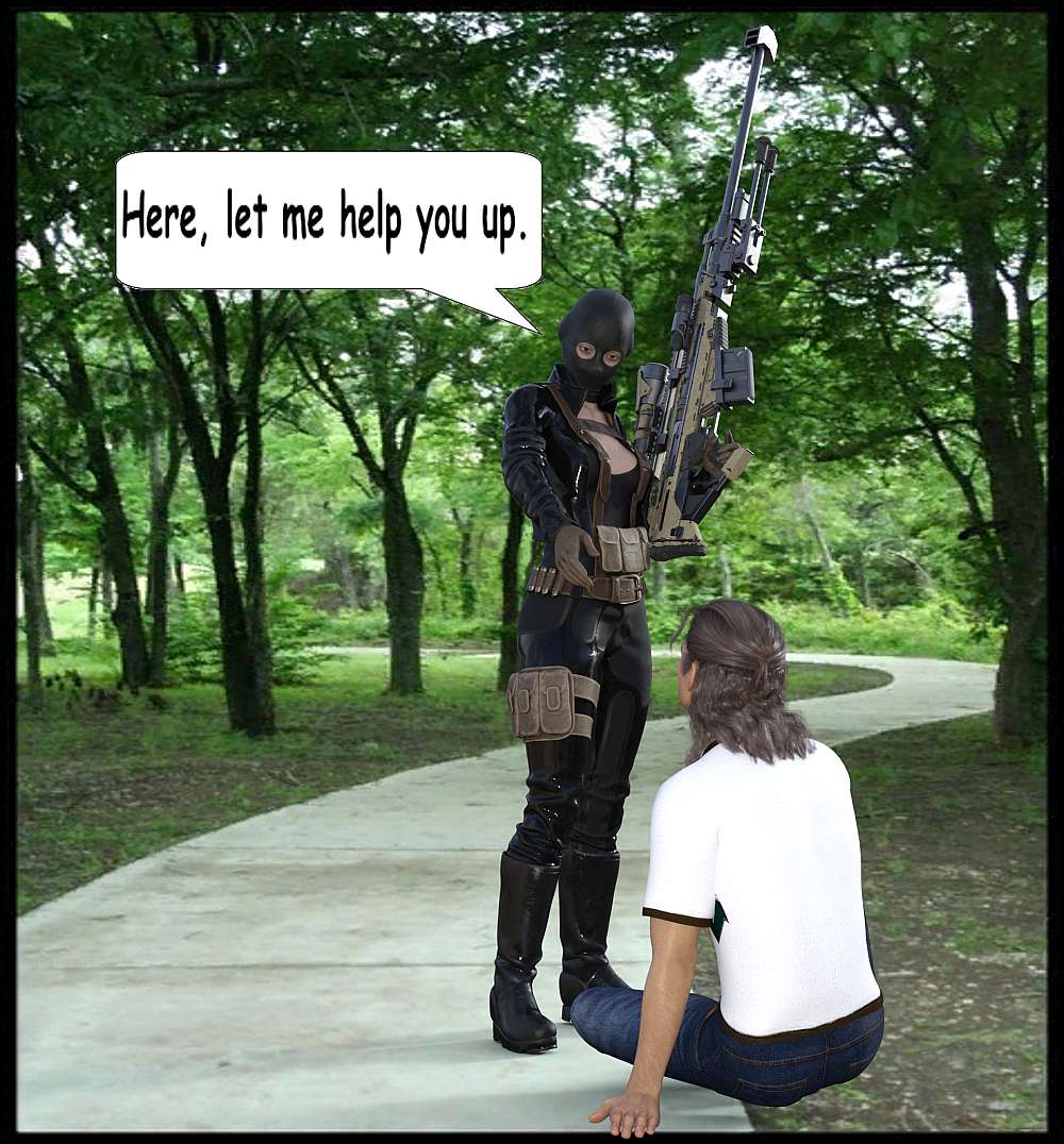 A female figure all dressed in black, holding a mean looking sniper rifle in her left hand, reach out with her right hand to help up Ty back to his feet. Ty is seen sitting on the ground on a paved walkway.