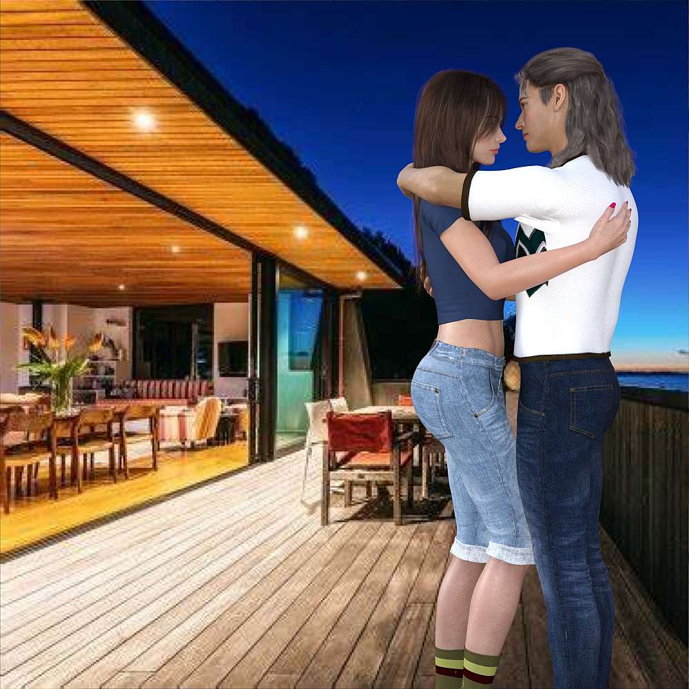 A Darkening sky show in the background while Ty and Melanie hug in a passionate embrace in the foreground. Behind them the inside of the iSigodi Resort suite is seen.