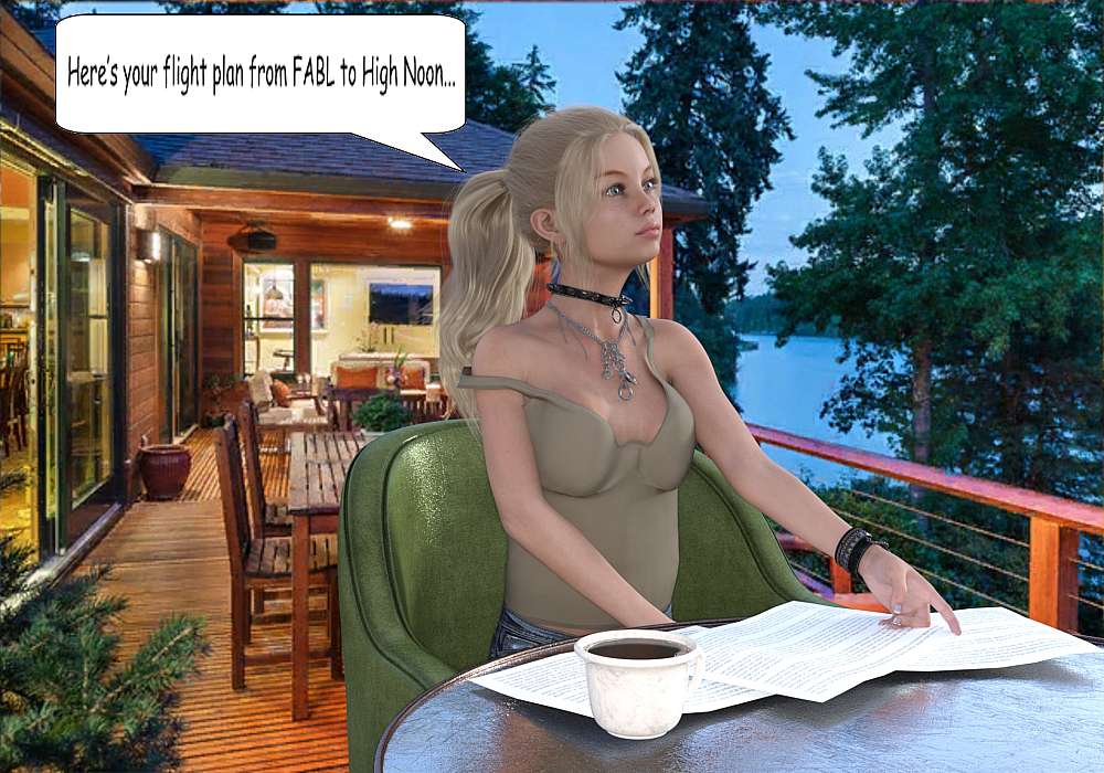 Leah sitting at a table with printed pages in front of her, pointing to the documents. A cup of coffee is on the table to her left. She is dressed in a denim pants and a tank top. She looks up at Ty that is just out of the picture.