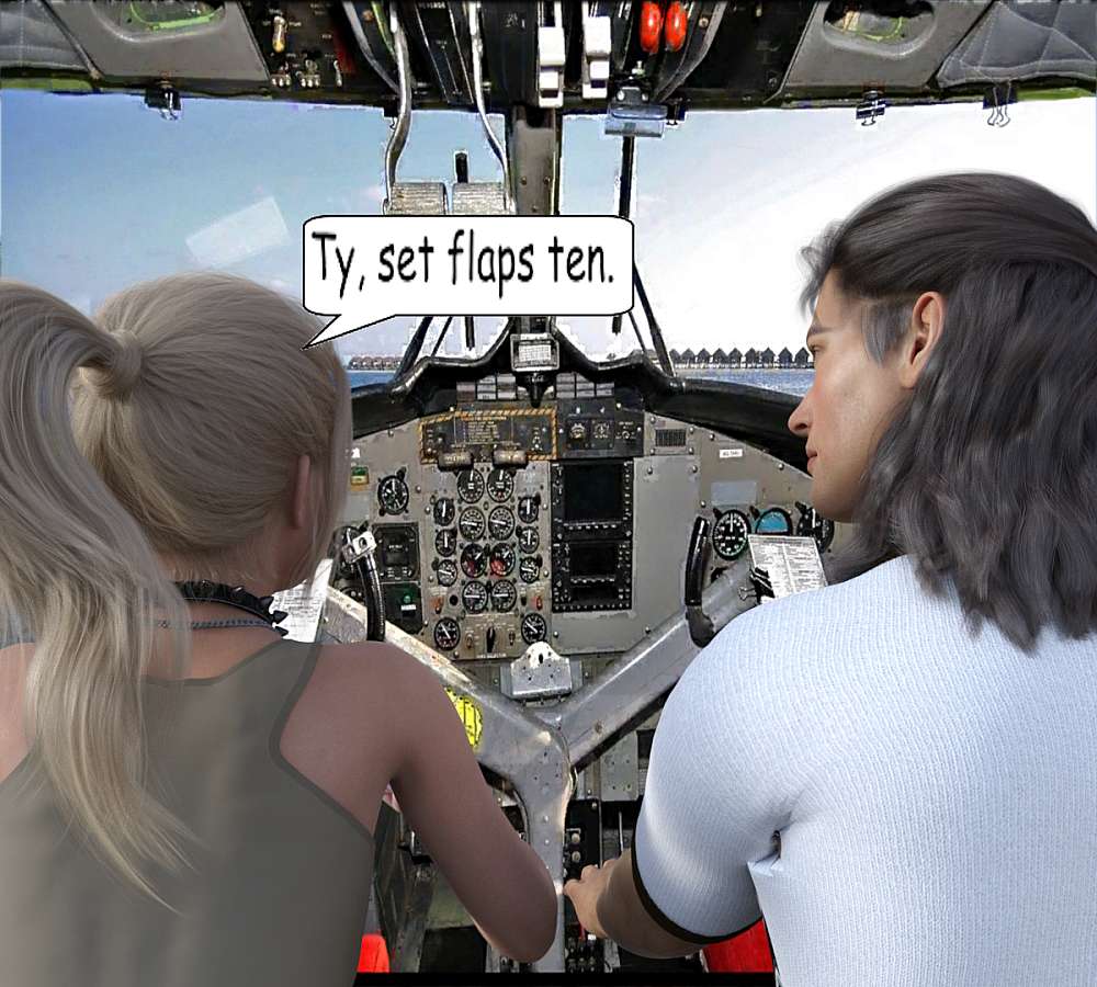 Ty and Leah are in the cockpit of the DHC-6 Turbo Otter, getting ready for take-off from iSigodi on Lake St Lucia. Leah calls for Flaps 10, and Ty has his left hand on the flaps lever.