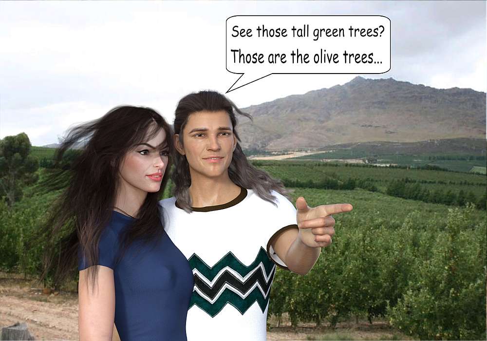 In the foreground Ty and Melanie stands close together as Ty points out the olive trees used as firebreaks between the valuable apple and pear orchards. Wolfieskop, the peak on the Riviersonderend Mountain range is green in the background.