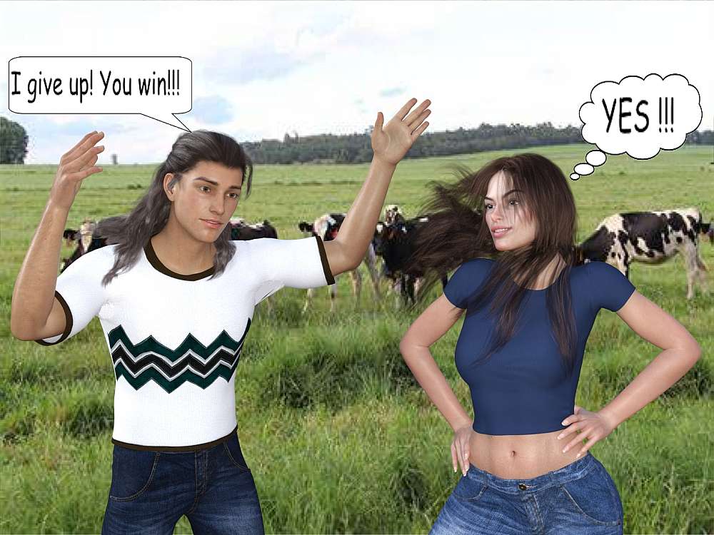 A lush green meadow with milk cows grazing is the backdrop to Ty throwing his hands in the air, a expression of defeat on his face, while Melanie stands to the left of him, her hands on her hips and a expression of satisfaction on her face.