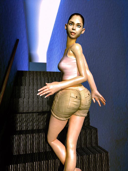 3D rendering of Woman going up the stairs